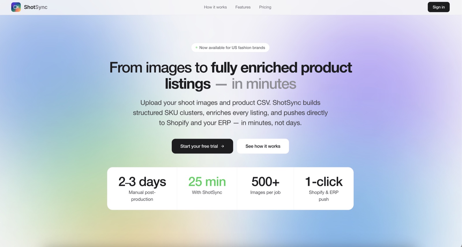 ShotSync.ai — software that turns delivered shoot images into structured, enriched product listings ready to push to Shopify.